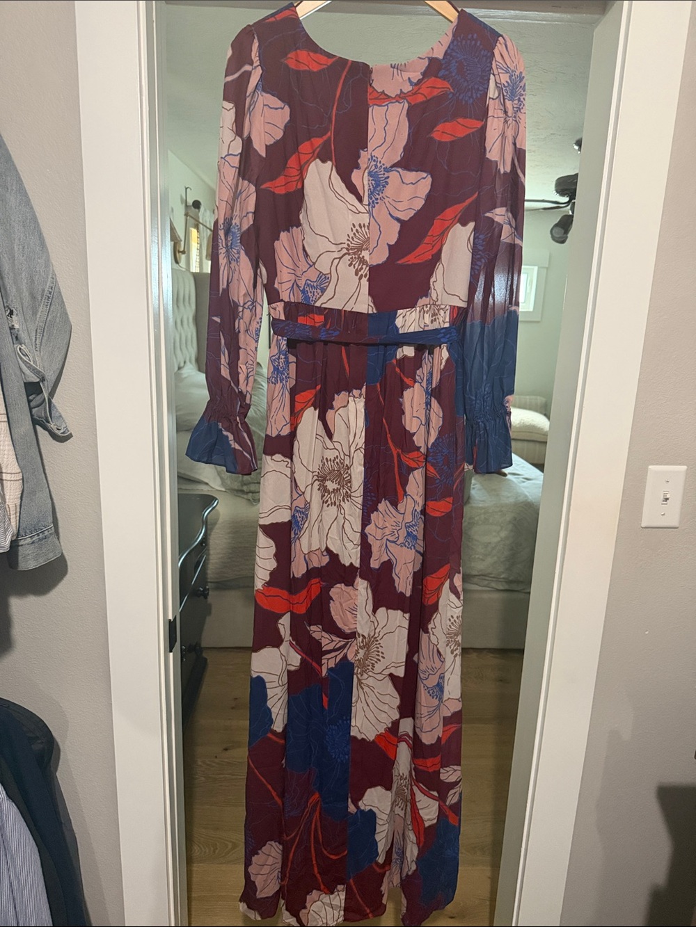 Adrianna Papell Burgundy Floral Maxi Dress with Pink and Blue Accents - Picture 4 of 6